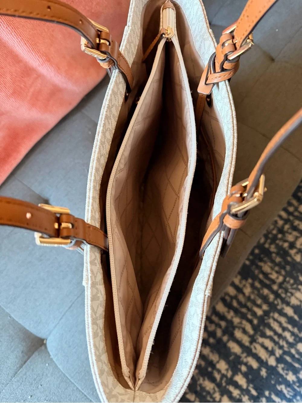 Michael Kors Beige Signature MK Tote with Brown Leather Straps